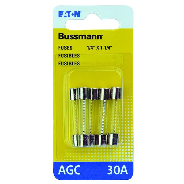 Eaton Bussmann Glass Fuse, AGC Series, Fast-Acting, 30A, 32V AC, 1kA at 32V AC, 5 PK BP/AGC-30-RP